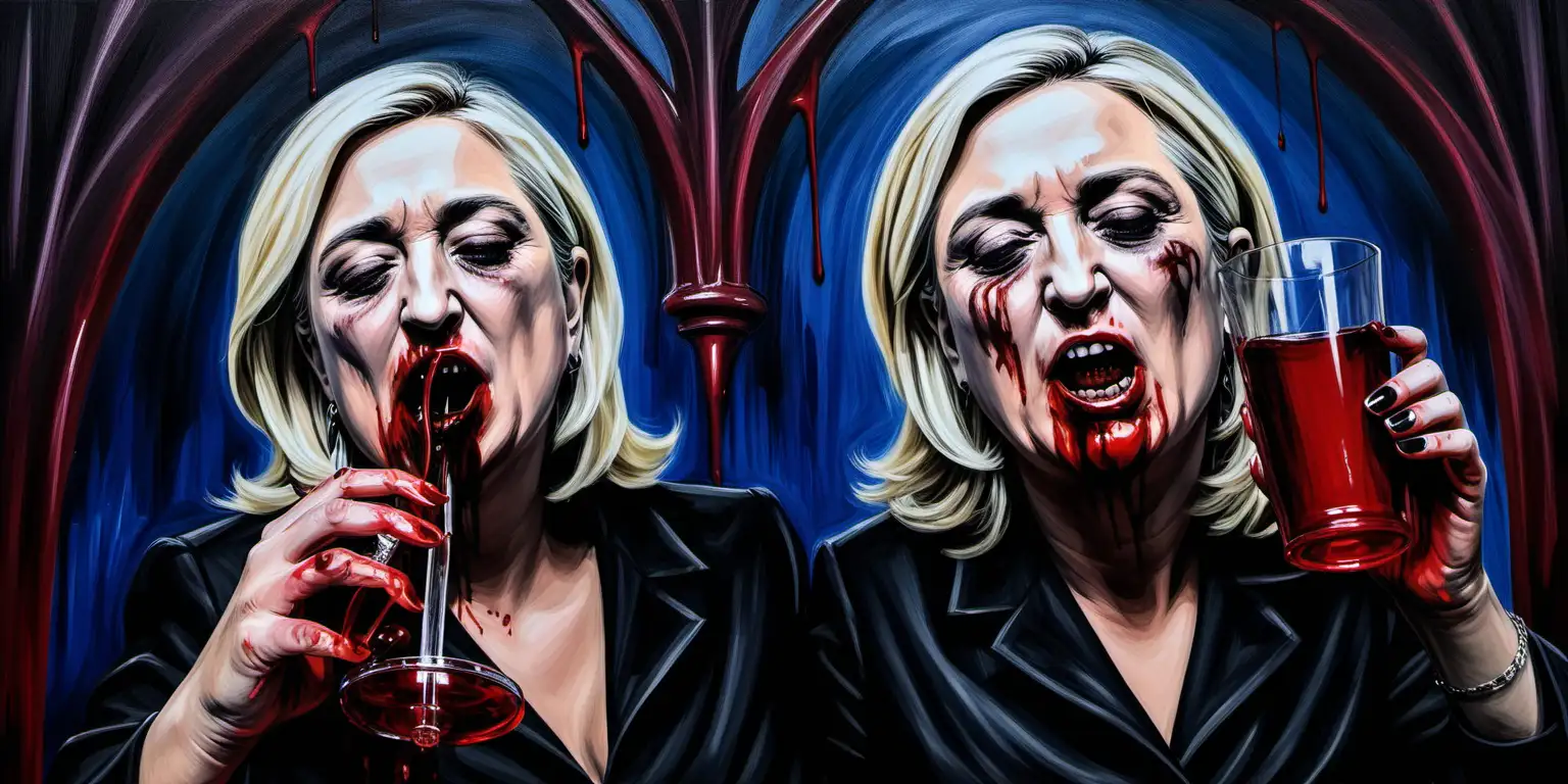 tableau peinture acrylique ; gothic dark weird ; marine lepen buvant un verre plein de sang ; vampire