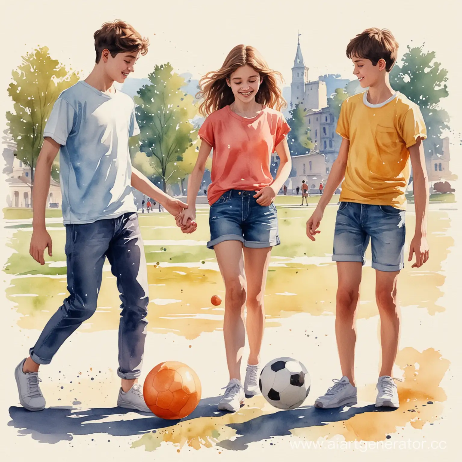 Cheerful-Teenagers-Playing-with-a-Ball-in-Watercolor-Style