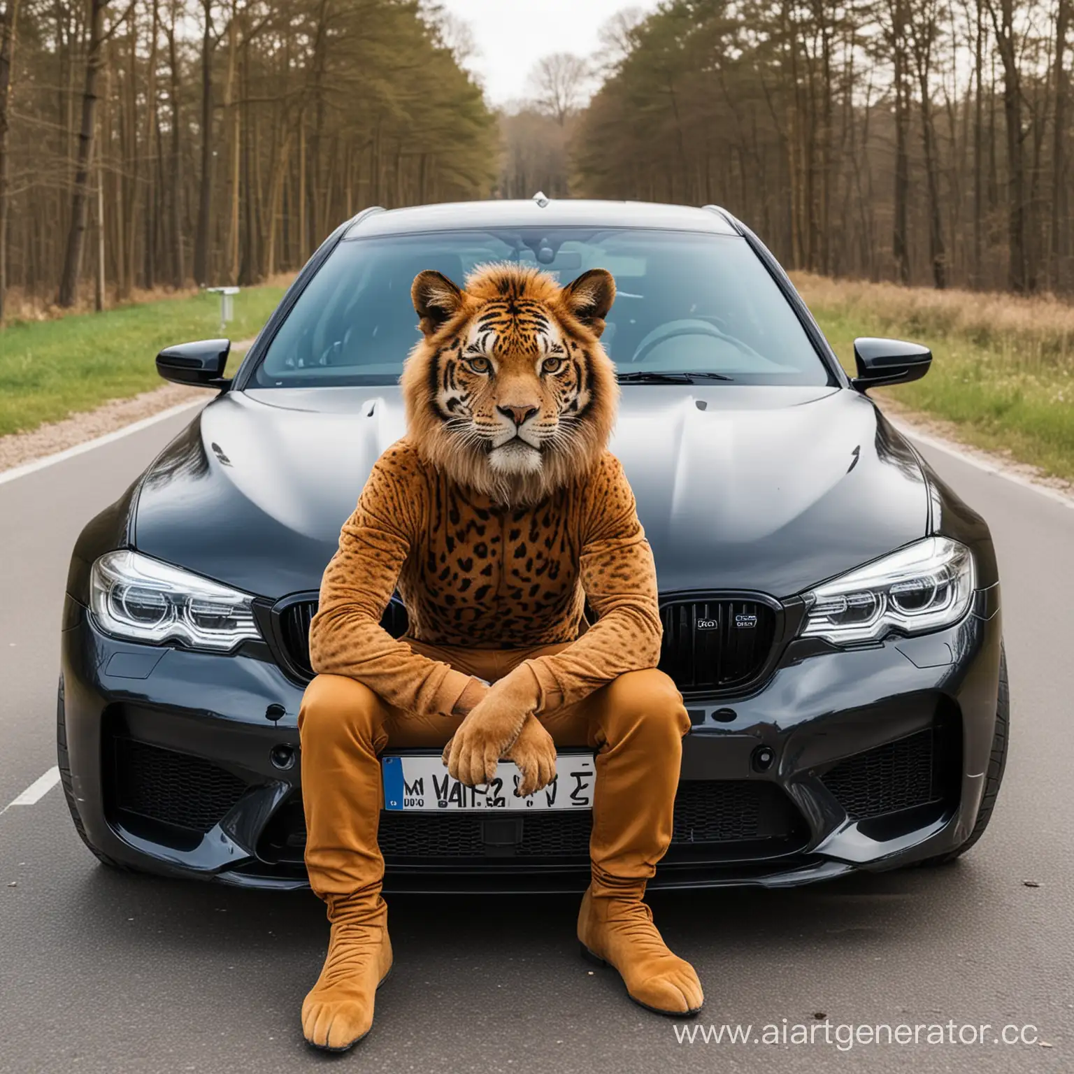 Певец Macan в виде животного но головой человека сидит в bmw m5 

