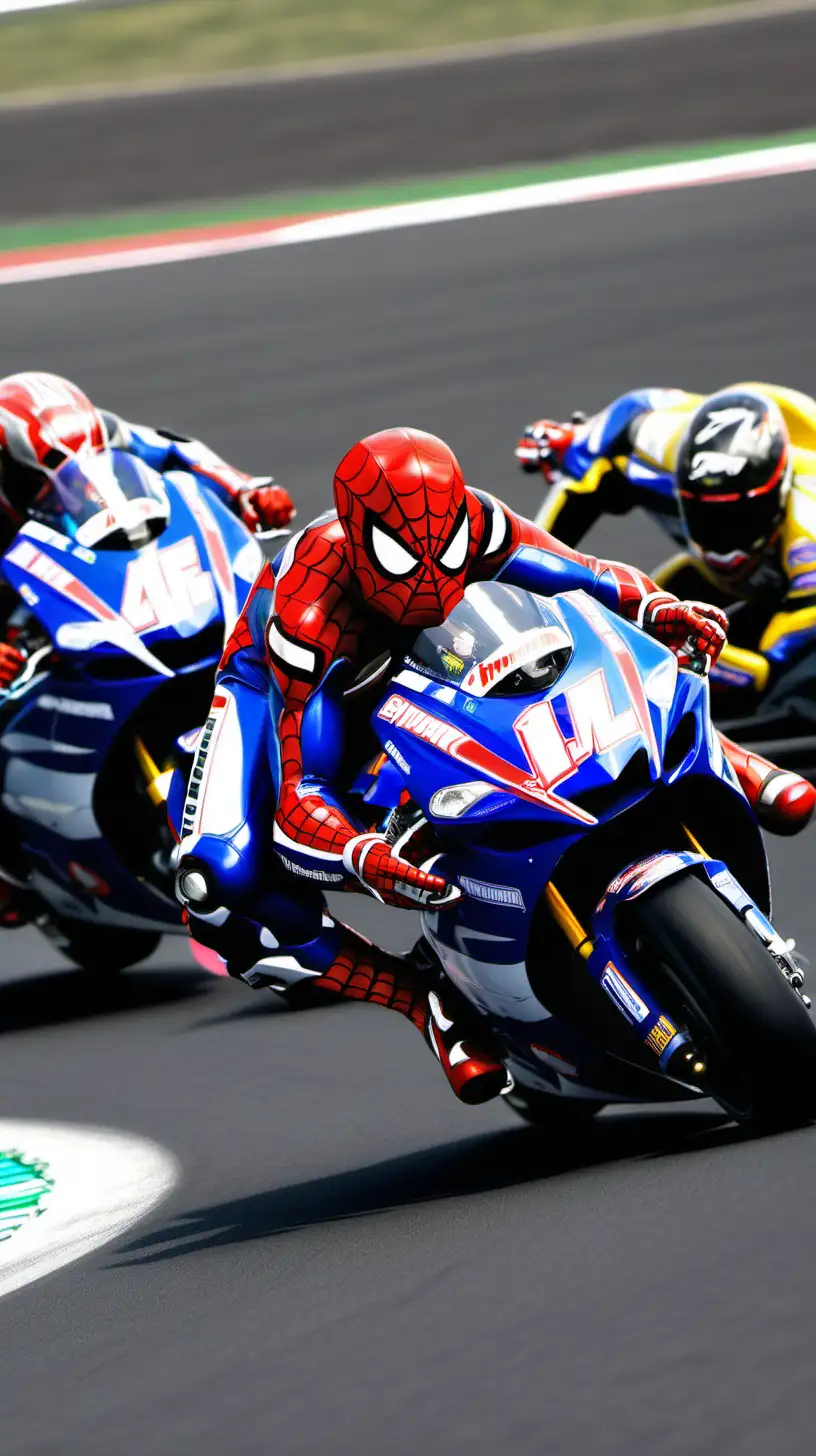 FIM MotoGP World Championship, Lined up on Track. Spiderman in front position riding a motorbike. Going fast.. Far front angle shot.. visible to all participants..