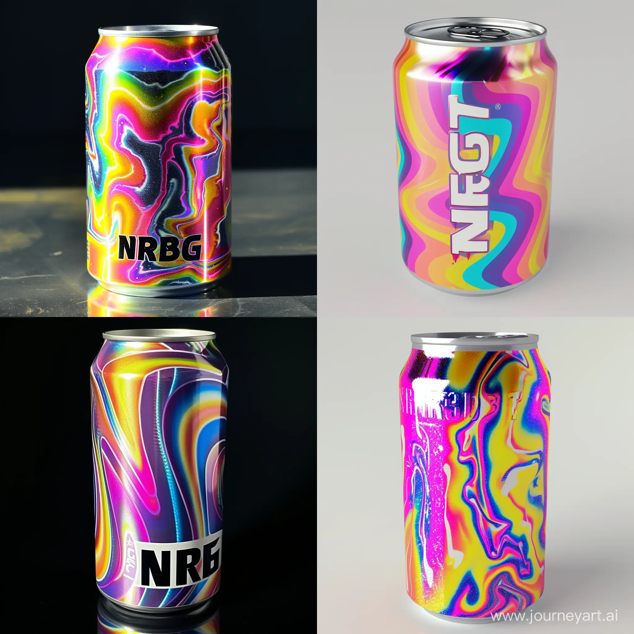 Make a aluminium can, energy drink with a lot of different colors. Make it say NRGBT on the front