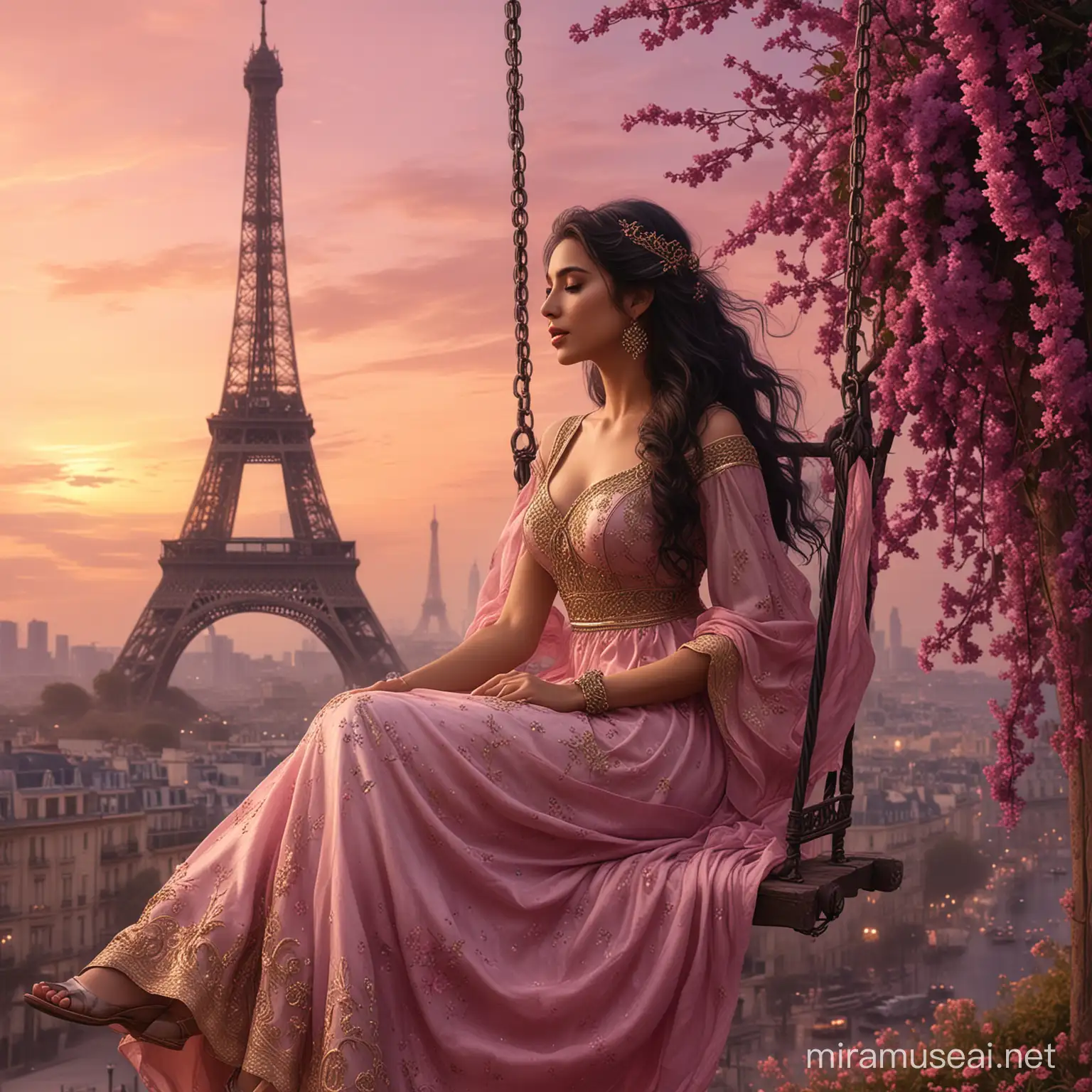 A beautiful woman, from profile, with highly detailed dress, sitting on a swing in a cloudy dark pink sky, surrounded by dark purple flowers. Long black wavy hair, long elegant beige dress, sari dress. Background golden vapor. Background golden tower effel. Focus gokden tower eiffel. Dust on the ground. 8k, fantasy, illustration, digital art, illustration art, fantasy art, fantasy style