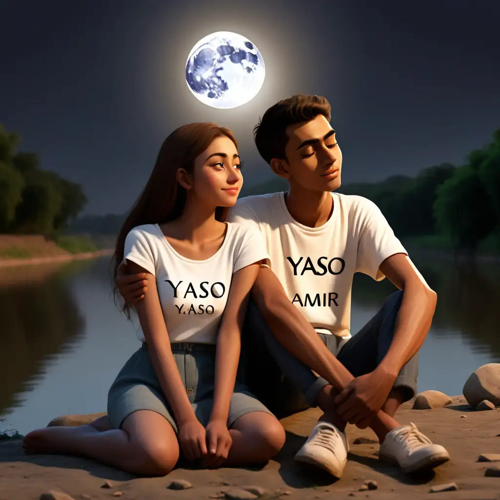 شاب و حبيبته يجلسان على ضفة النهر و ينظران إلى القمر الساطع 
الشاب مكتوب على قميصه إسم yasso 
والفتاة مكتوب على قميصها إسم Amir