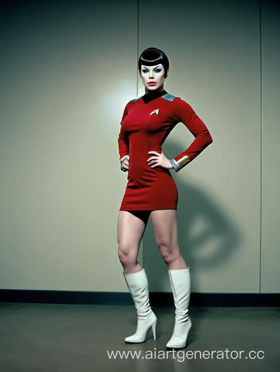 Futuristic-WhiteSkinned-Woman-in-Mini-Dress-Poses-in-Empty-Space