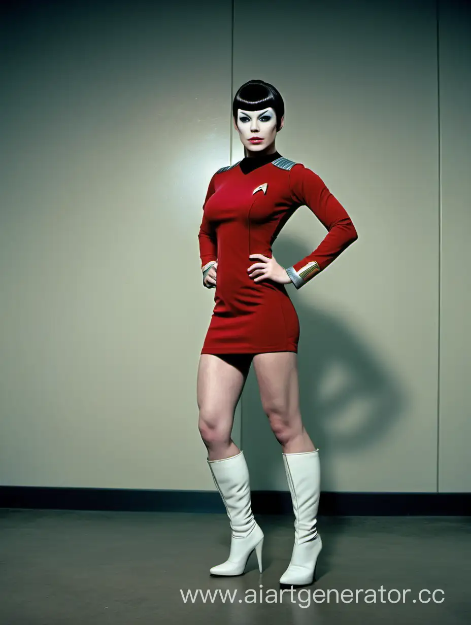 STAR TREK GIRL, с белой кожей,  с большими мускулистыми бедрами, в мини платье,  позирует в пустой комнате