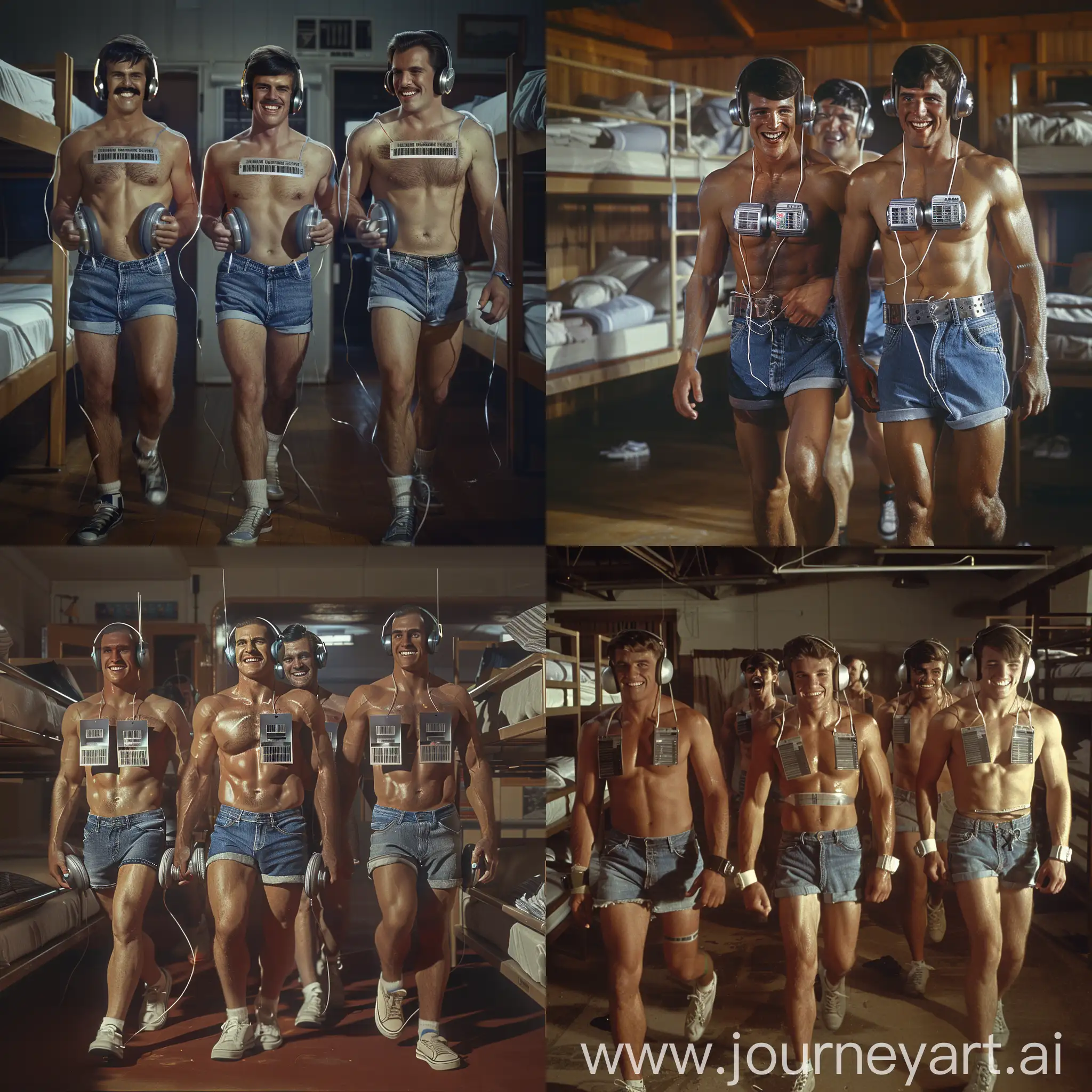 Handsome muscular suburban dads and their handsome muscular college student sons each wear silver headphones and snug denim cutoff shorts, dazed smiles, walking menacingly towards the viewer, small barcode attached to each man's chest, 1980s hostel dormitory setting, bunkbeds in background, mass indoctrination, color image, hyperrealistic, cinematic