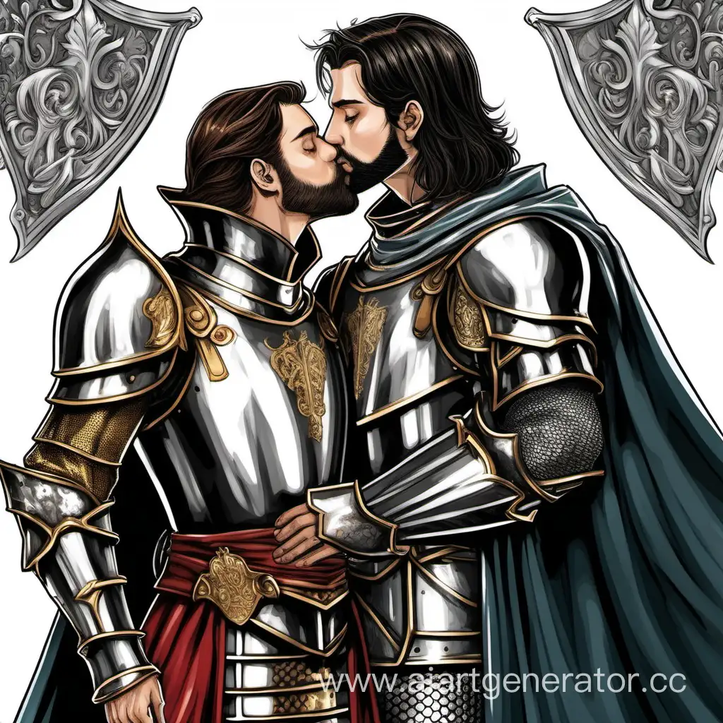 two men kissing on the lips: a king (king's royal clothing with cape, short brown hair and short beard) kissing a male knight (silver armor, long black hair, no beard)