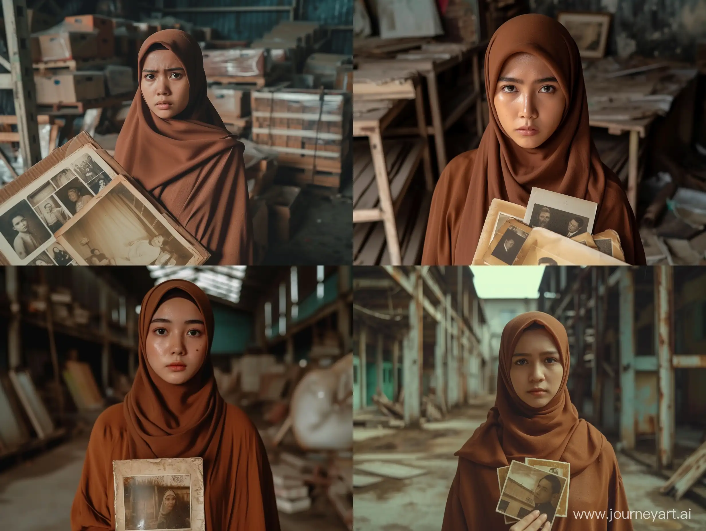  a 29 year old Indonesian woman wearing a brown hijab, found old photos in a dirty house warehouse, front view, movie horor scene