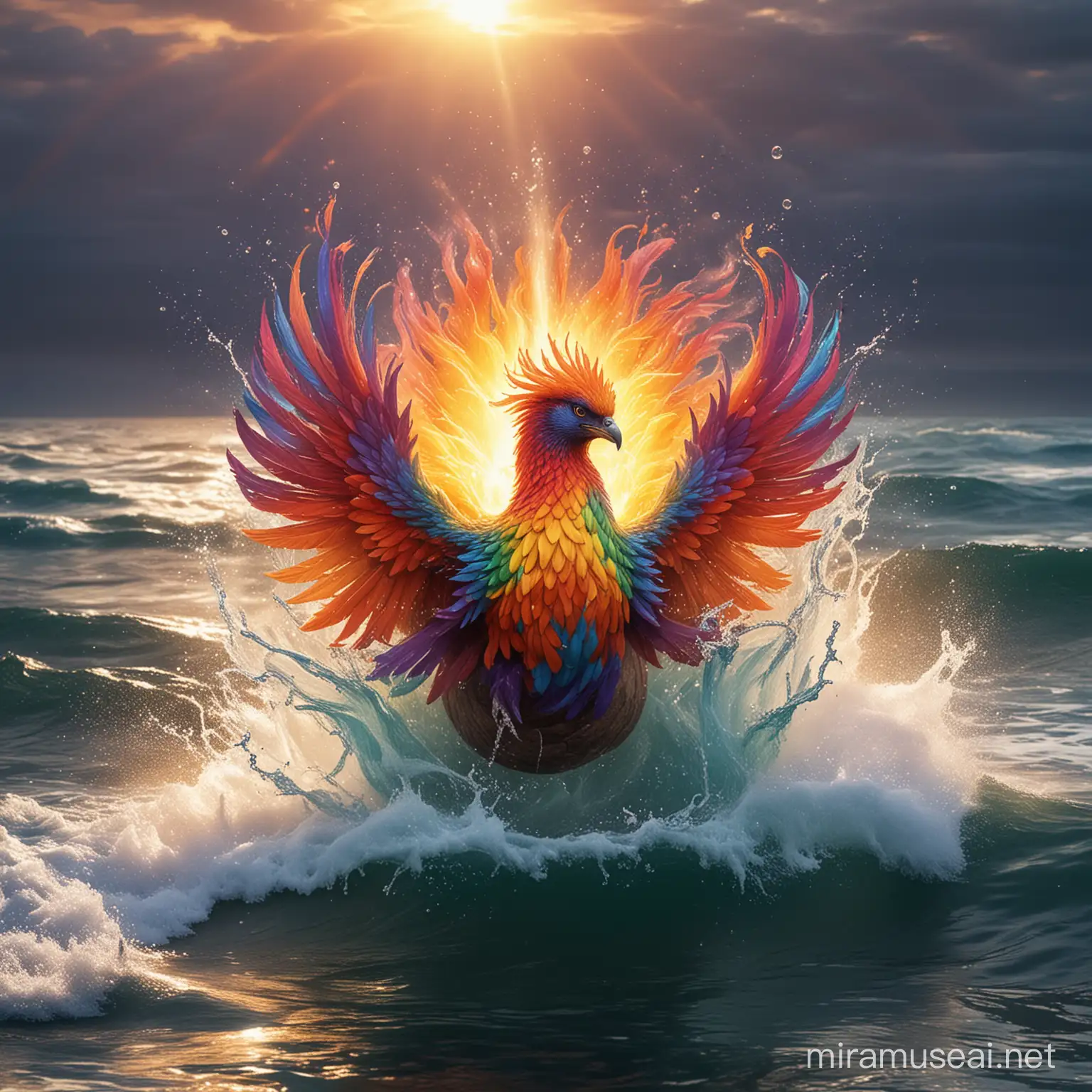 fiery rainbow phoenix emerging from a ball of water in the ocean