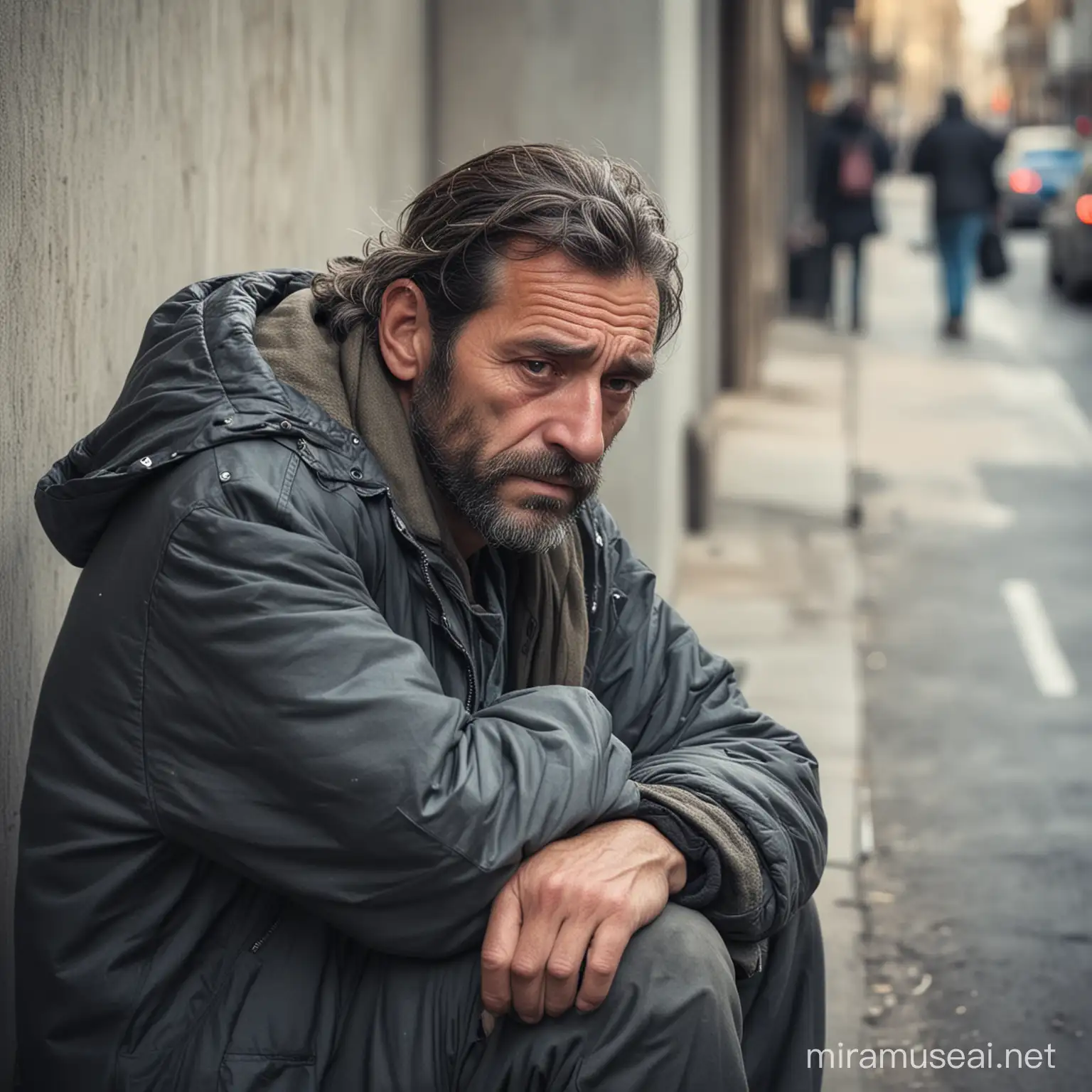 homeless man looking sad on the street

