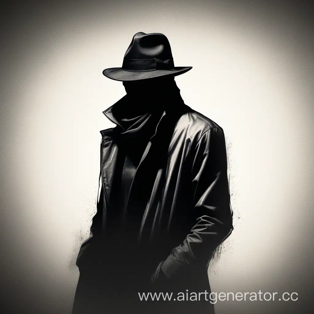 эскиз загадочного теневого человека в черном пальто, черной федоре, в черной бандане и в солнцезащитных очках, полностью скрытое лицо, простой фон
