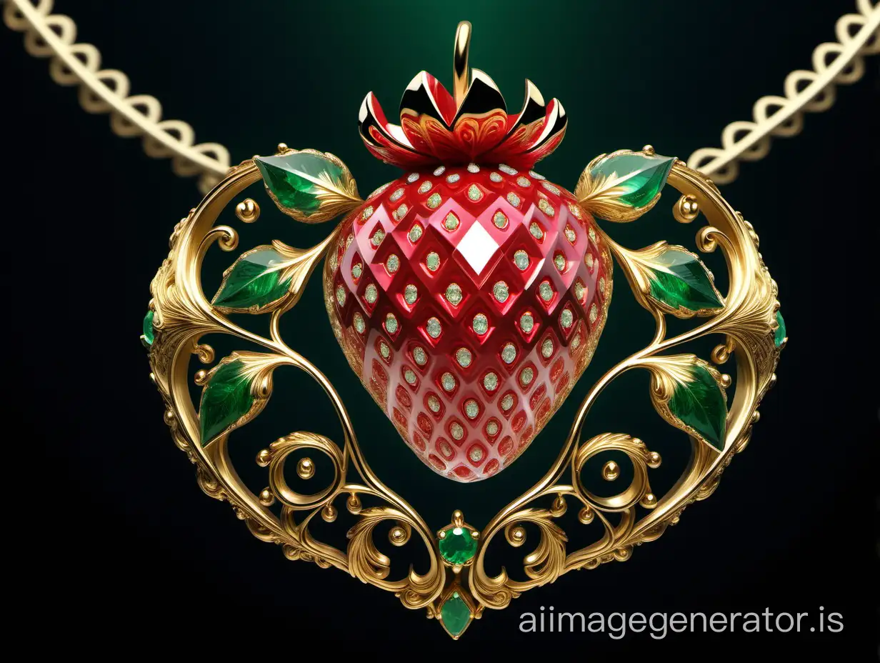 Digital Image. Close-up jewelry art. Bright red large strawberry, of precious ruby:: (internal crystal luminescence: 1,6), with gold grains. On an elegant gold filigree branch with emerald leaves. Gold filigree, virtuoso mastery of jewelry technique, gilding, fineness of lines successful foreshortening, highlights and shimmers of color, intricate, rocaille and modern style. Background: (dark, almost black). The pinnacle of jewelry craftsmanship, (luminescence: 1,4). Fantasy Surrealism. Shapes and lines inspired by Fragonard. In the manner of Sabbas Aptheros, Andrew Jones. High detail. High quality. HDR