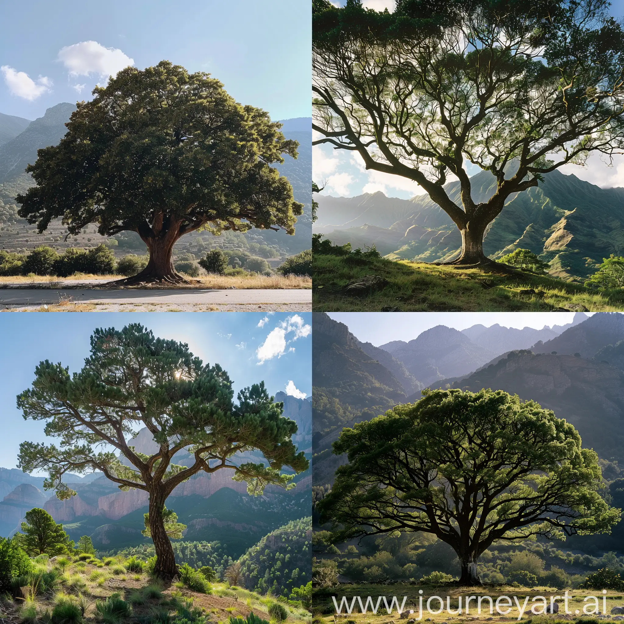 a big tree with mountain in arround