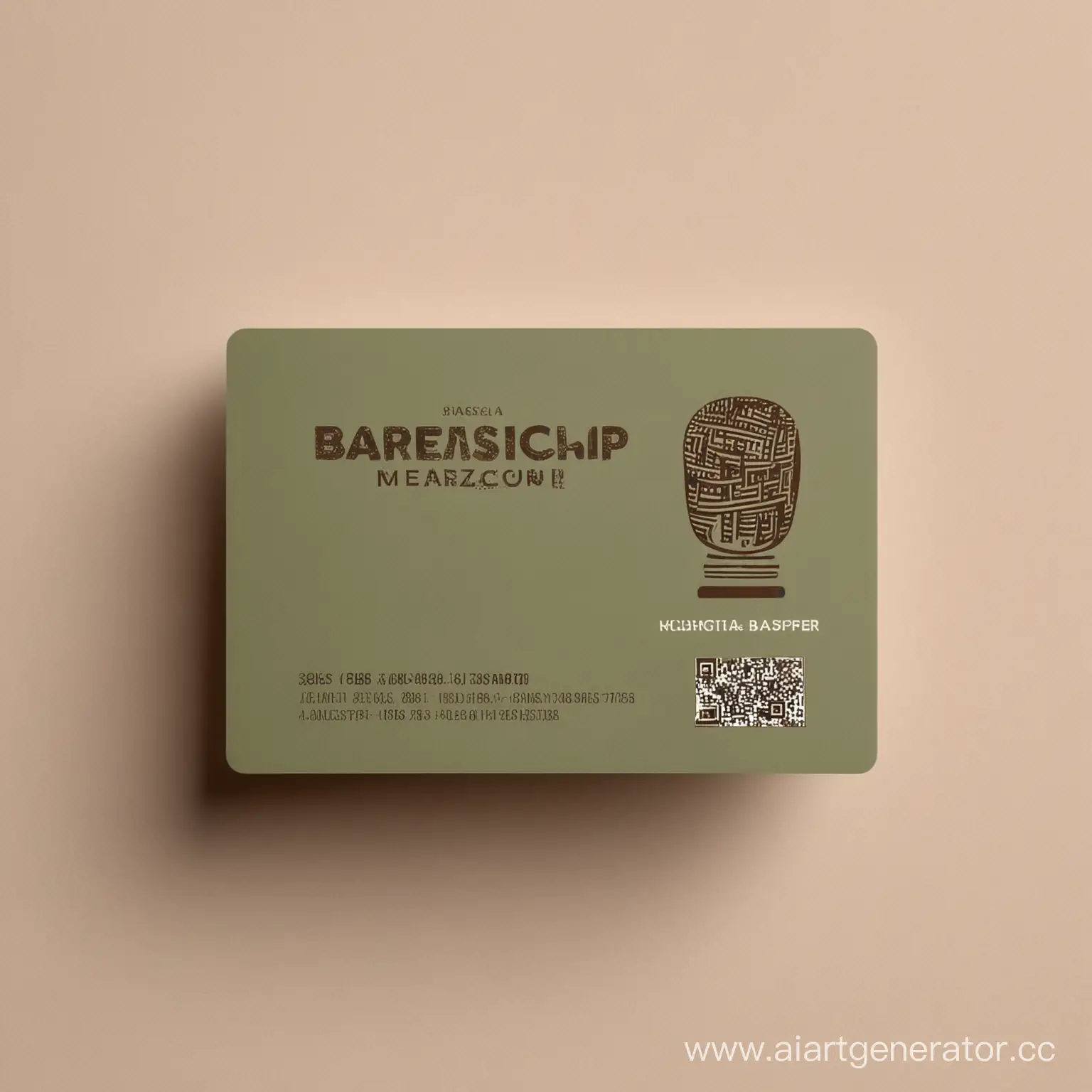 Draw a business card for the barbershop. Minimalistic, aesthetic. With a QR code. In khaki (green-brown)