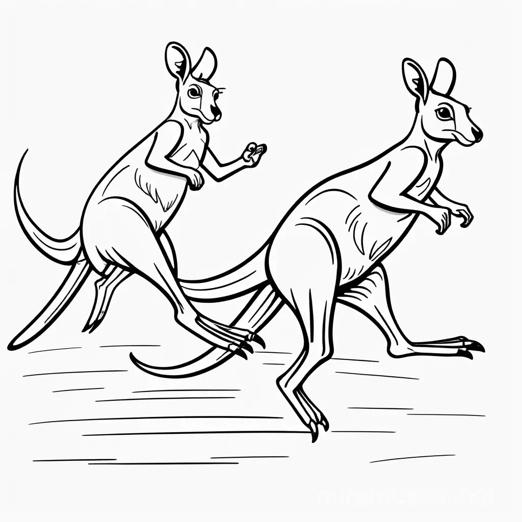 Line art drawing illustration of cartoon two kangaroos running 