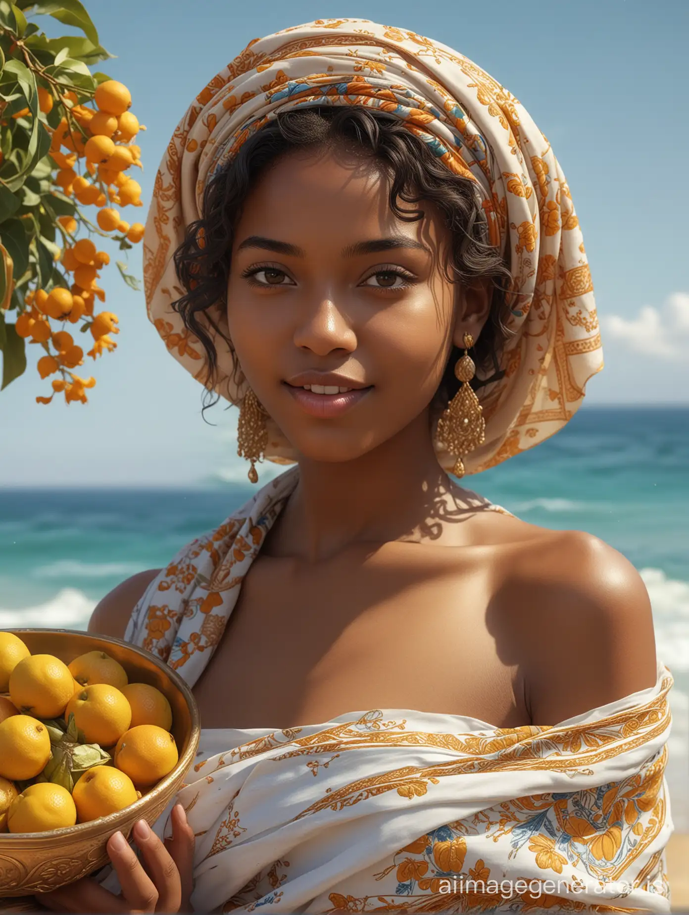 nude, 18 year old, most beautiful nude Senegalese girl on Senegalese beach, blue sea in the background, firm perky breasts, abundant flowers, holding golden bowl with exotic fruits, shy smile, sensual longing look, partly covering herself with silk scarf, realistic, stunning realistic photograph, full lips, 3D render, Octane render, intricately detailed, cinematic, trending on ArtStation | Isometric | Centered hyper realistic cover photo awesome full color, hand drawn, dark, gritty, realistic style similar to Mucha, Klimt, Erte .12k, intricate. high definition , cinematic, Rough sketch, mix of bold dark lines and loose lines, bold lines, on paper