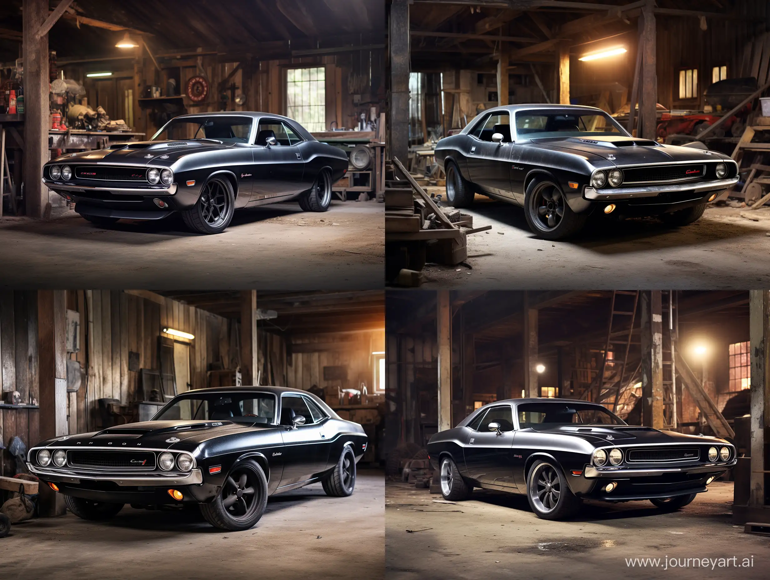Old Dodge Challenger car in garage dark beautiful photo for album cover