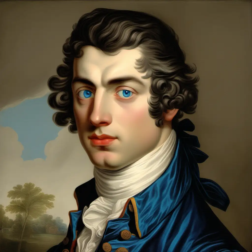18th century stocky young man straight dark brown hair deep blue eyes