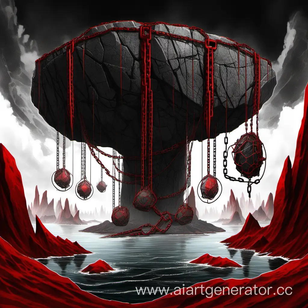 Stone islands in the black-red void, held together by large, thick chains. Laboratories can be seen on some islands.