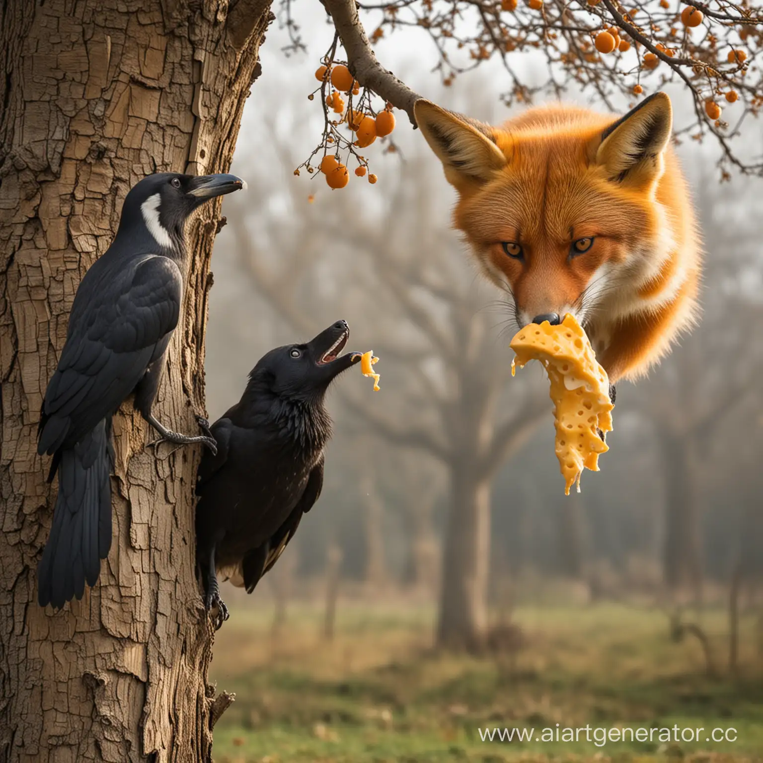 ворона на дереве держит сыр в клюве и под деревом стоит лиса