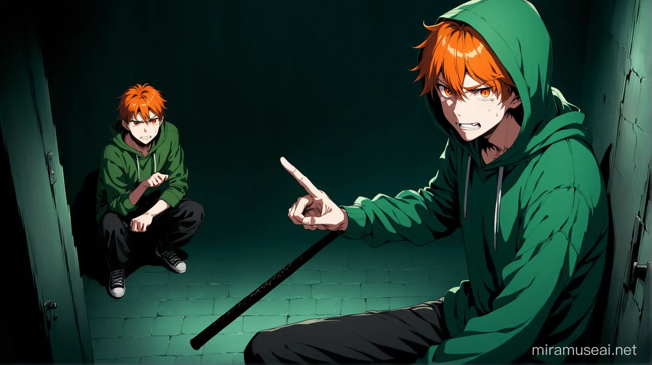 An image of an anime male evil criminal character who is pointing his index finger with his right hand and he is holding a baseball bat in his right hand. He is evil, criminal, red eyes, dark green headed, wearing dark green hoodie, dreadful smile. He is pointing at the dark place and a boy teenager beside sitting him in the floor in an underground secret room with dark green contrasts and vibe is staring at the dark place. The boy is handsome, crying, shocked, orange headed, orange eyes, wearing dark green hoodie