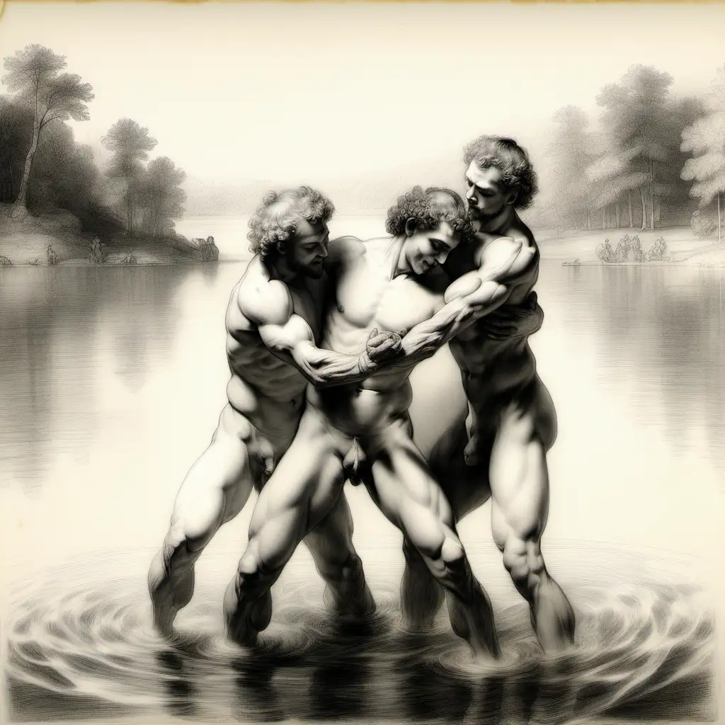 A  soft graphite drawing by Rembrandt of three  very beautiful muscular men playing in a lake and being passionate