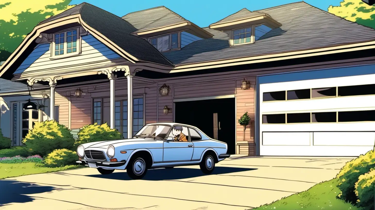 in anime style, a successful man driving away from his driveway pulls his car out of the garage of his big beautiful home on a bright sunny morning