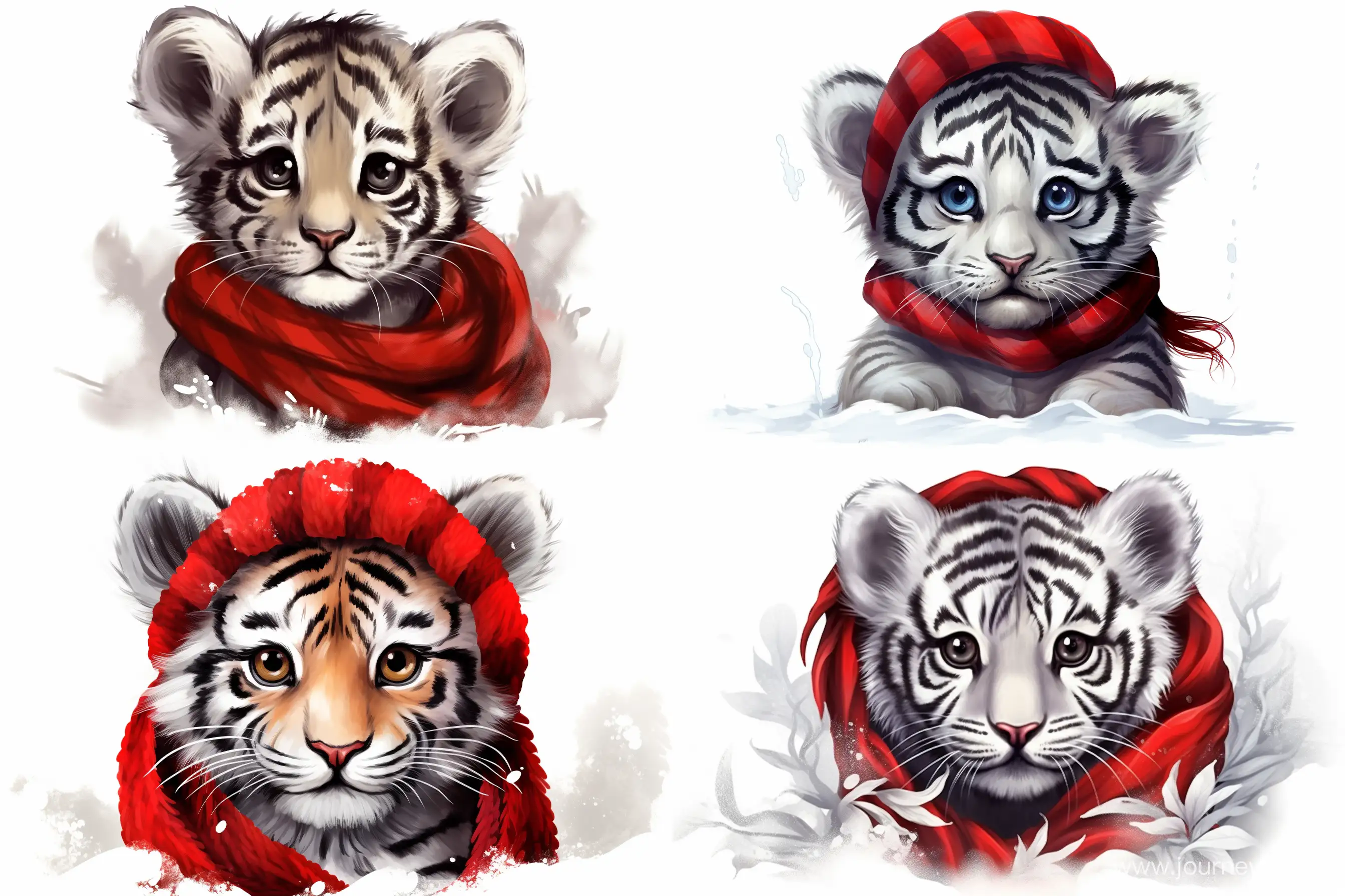black and white cartoon baby tiger portrait wearing a red scarf, high detailed, watercolor style, white background. -- 5.2 --ar 3:2