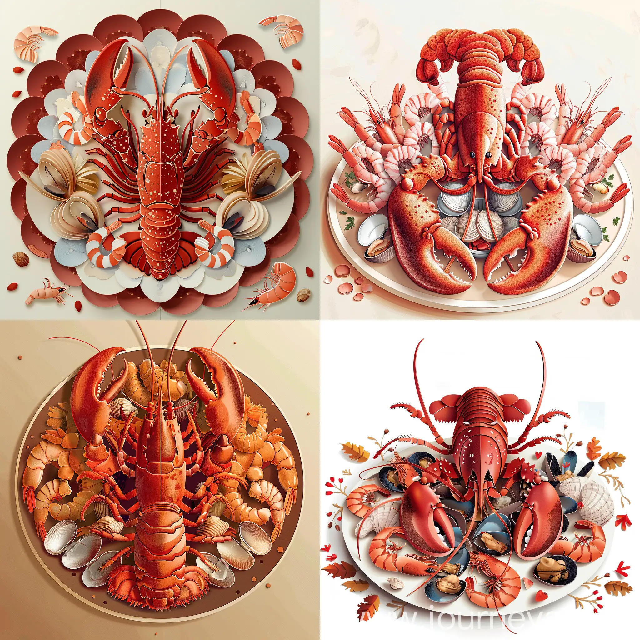 cut paper art of a mouthwatering platter of seafood, featuring a large lobster as the centerpiece, surrounded by shrimp and clams, high quality details, in vector style 