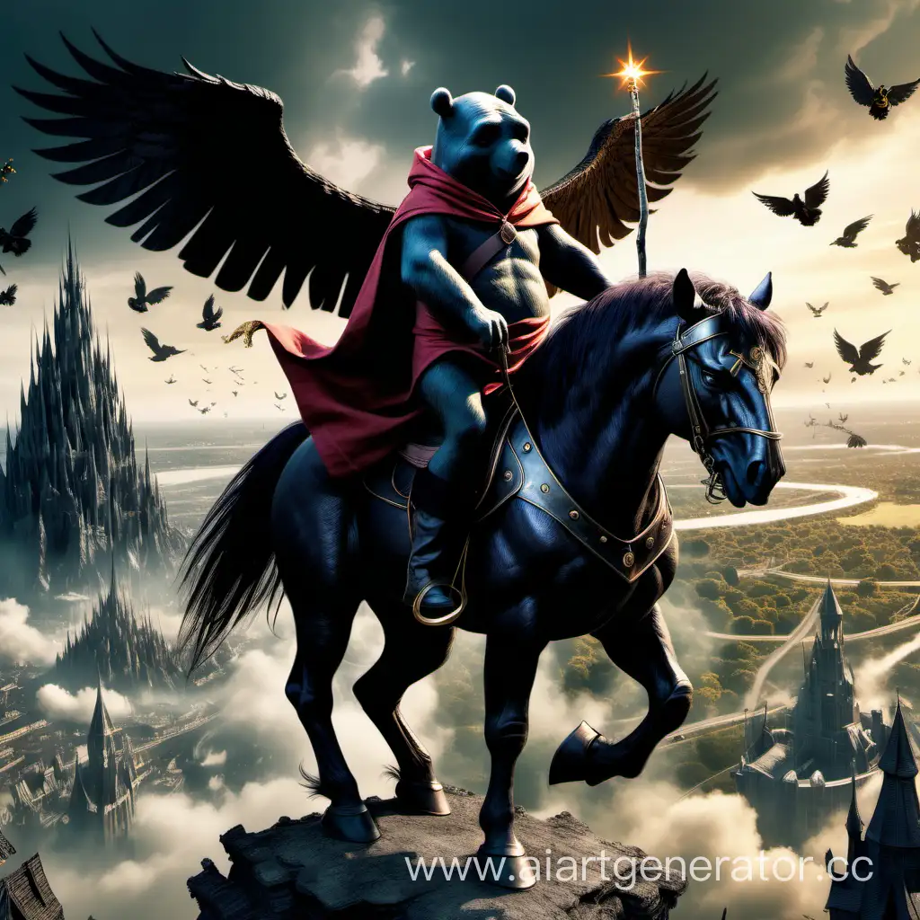 Винни-Пух, темный лорд, в мрачном костюме всадника апокалипсиса, верхом на вороном коне, с улыбкой, указывает жезлом на далекий город эльфов. Вокруг него стоит армия, все воины которой выглядят, как поросенок Пятачок.