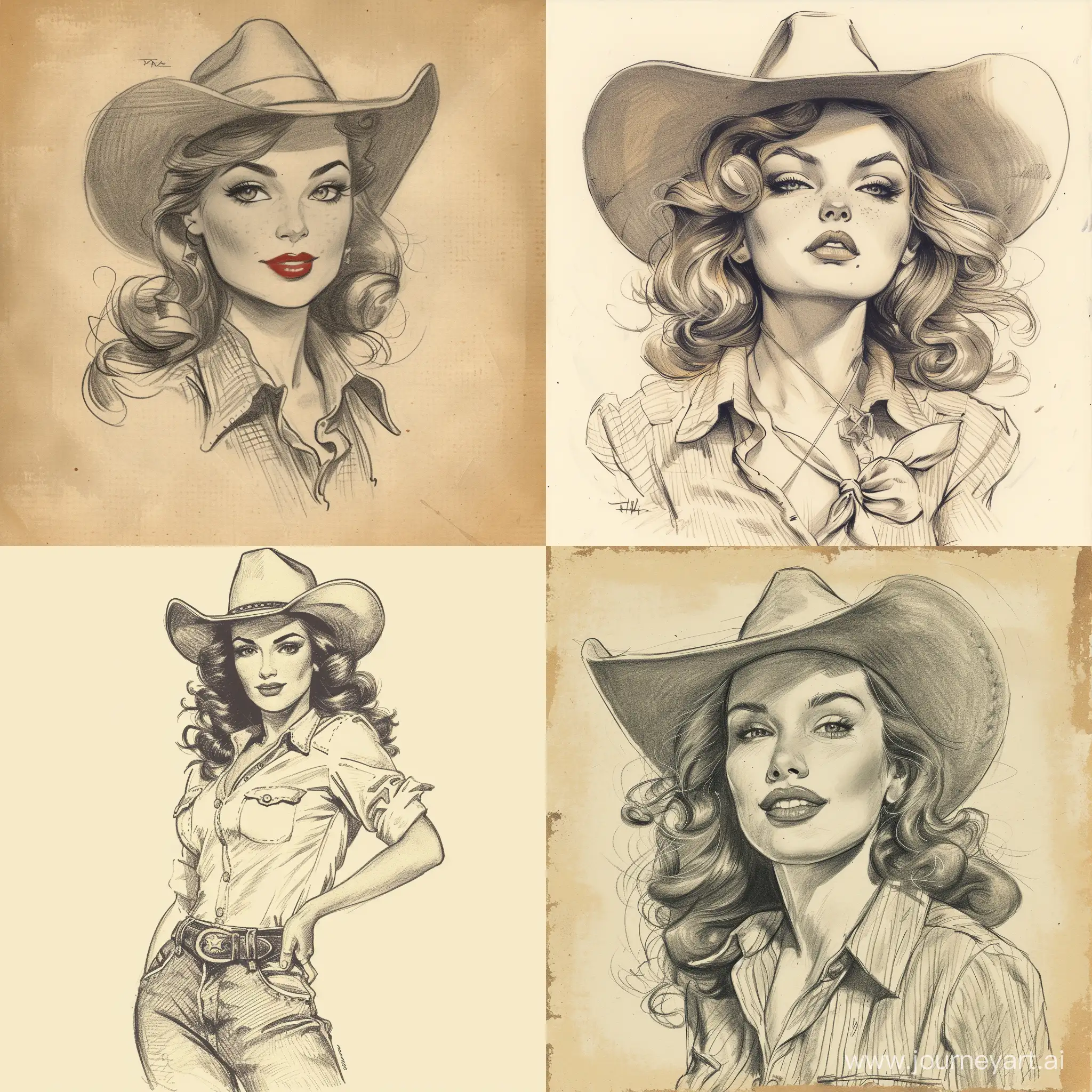 Vintage-Cowgirl-Pinup-Sketch-Retro-Drawing-of-a-Western-Girl
