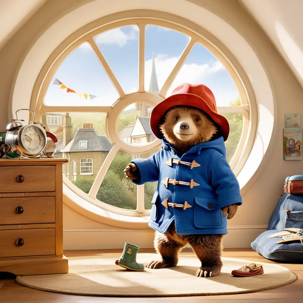Smiling Paddington Bear in Attic Room with Round Window on Sunny Day