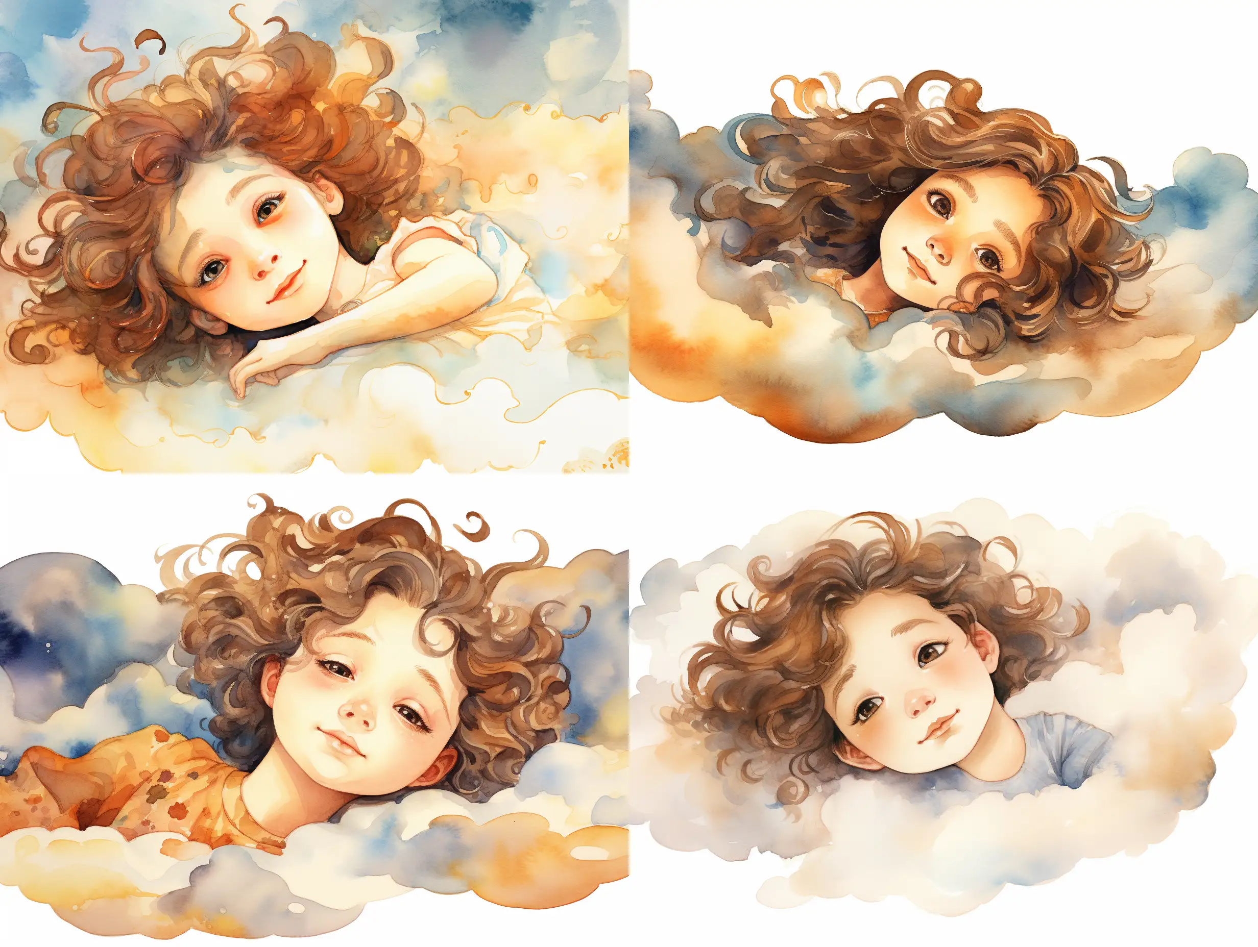 Dreamy-ThreeYearOld-Girl-Resting-on-Clouds-in-Decorative-Watercolor-Illustration