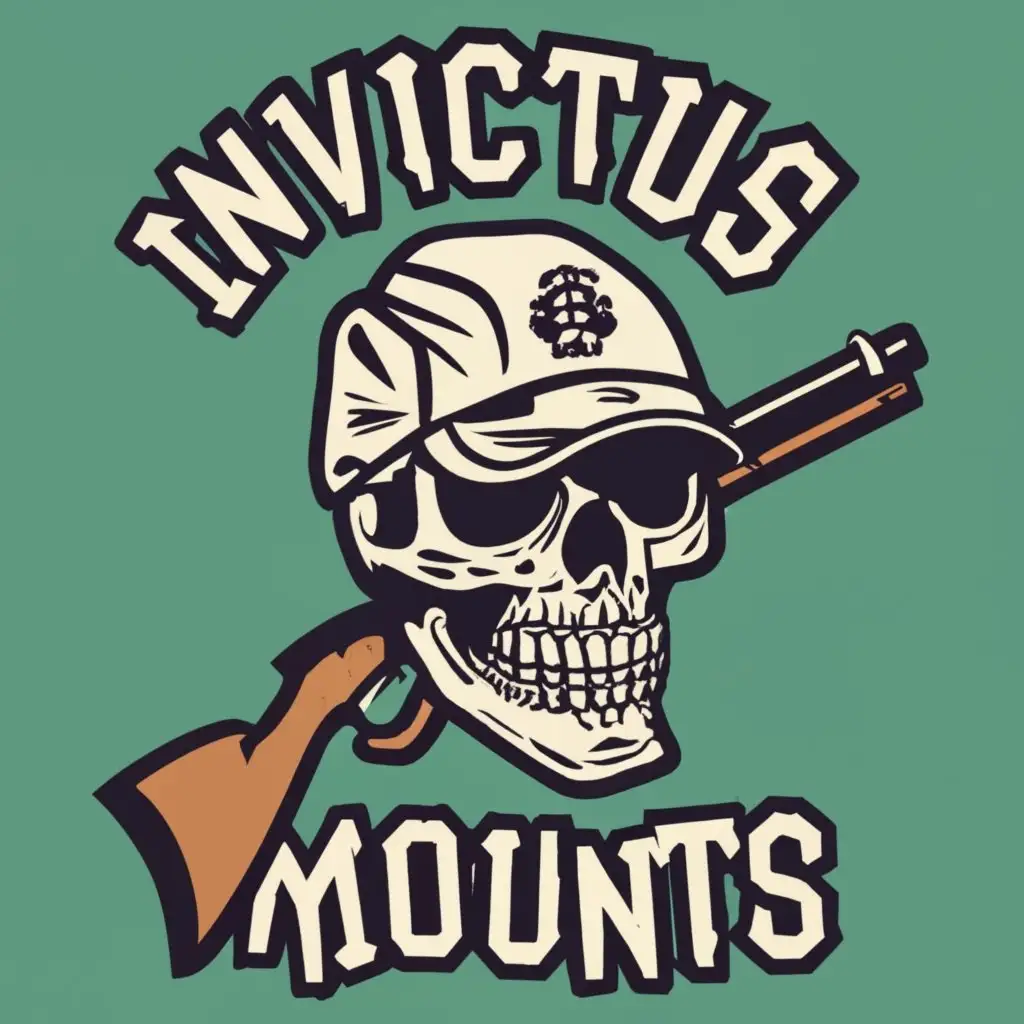 logo, rifle skull baseball hat, with the text "Invictus Mounts", typography