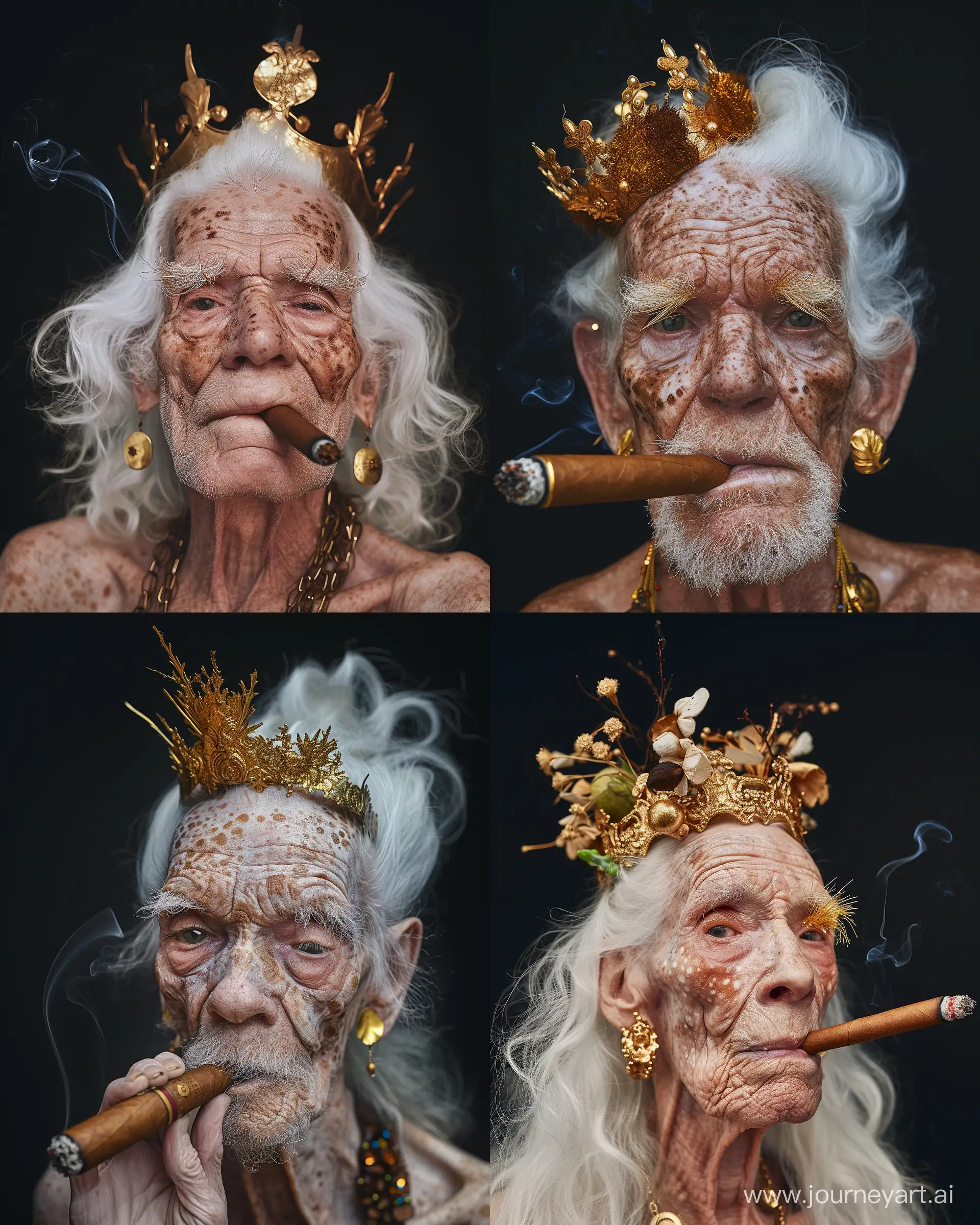 photographic portrait of an beautiful very old proud looking man with white hair and skin, strong freckles, painting, wearing a small shiny golden crown and golden earrings, wearing heavy makeup, long fake artificial eyelashes, smoking a cigar, frontal view, looking at camera, vivid, unexpected, weird fauna, wildlife, black background, off-center composition, museum of natural history, museum aesthetics --ar 4:5 --style raw --v 6