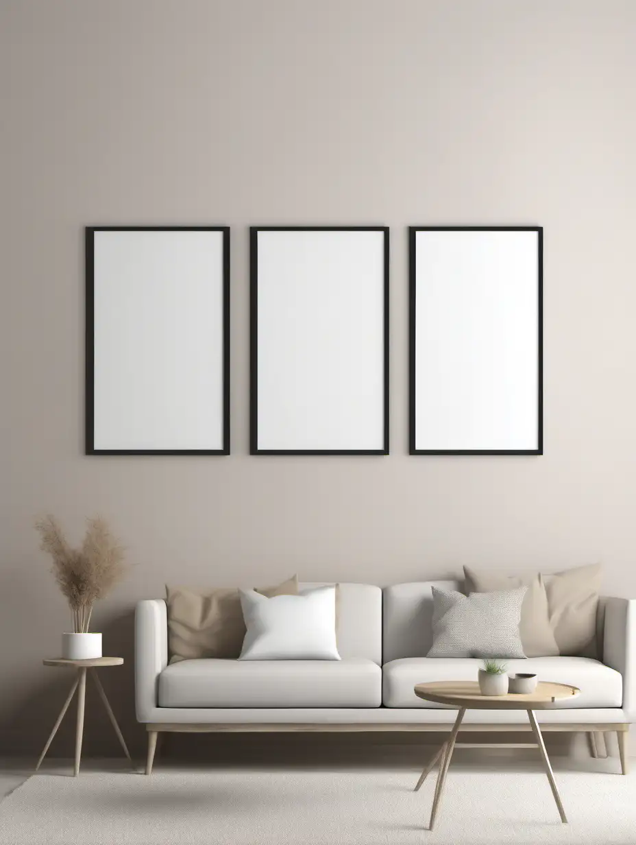 empty wall with 3 blank wall art frame for mockup, neutral tones, faded, beautiful, do not block frame