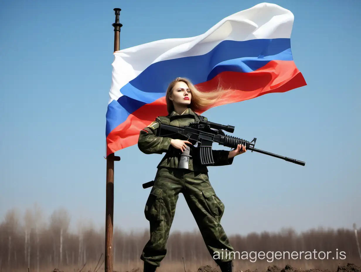 Russian woman - camouflage officer with machine gun salutes with giant flying flag