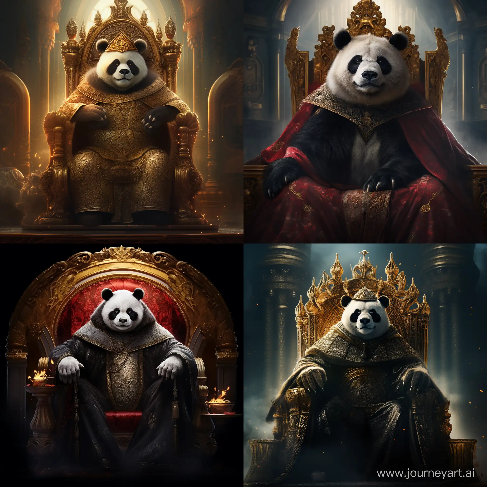 Панда-кароль в плаще, корона, трон, замок 