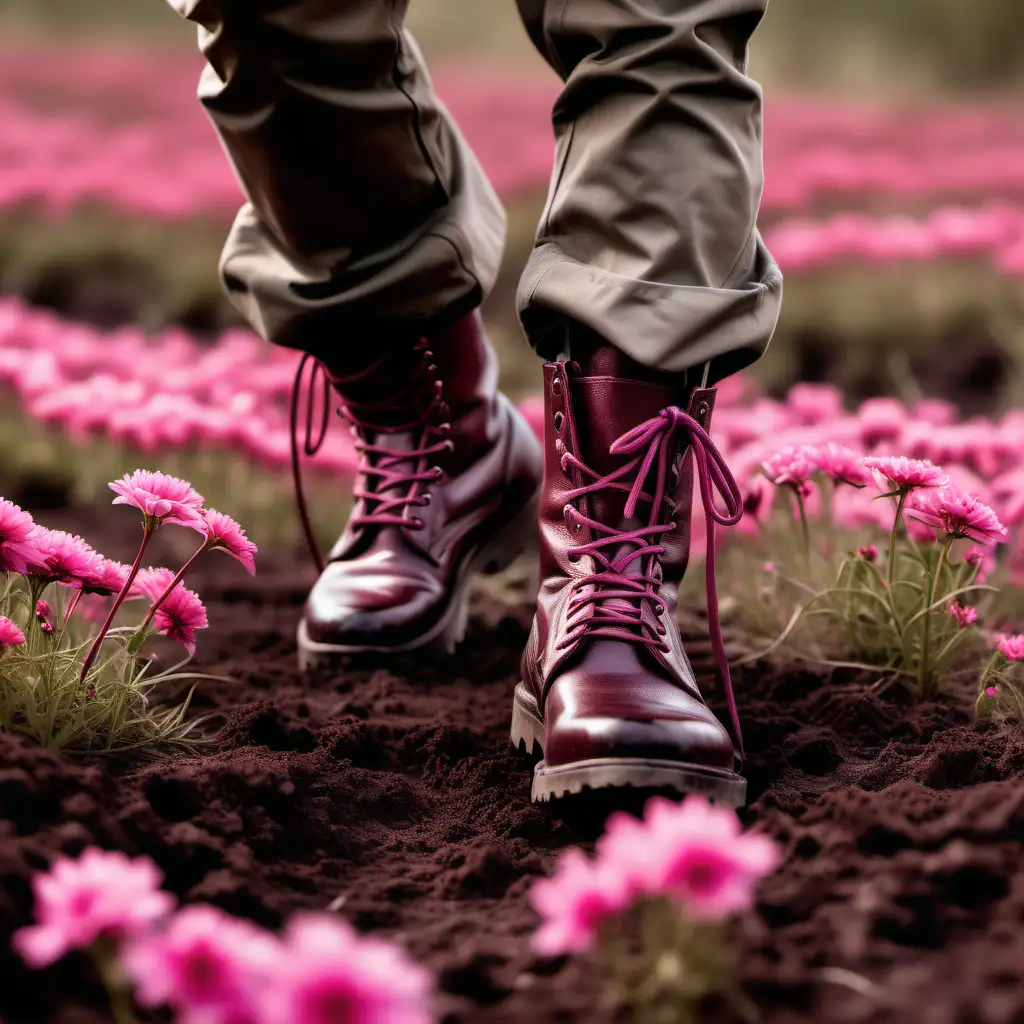 close up of military boots colored dark reddish brown, running on land with pink flowers