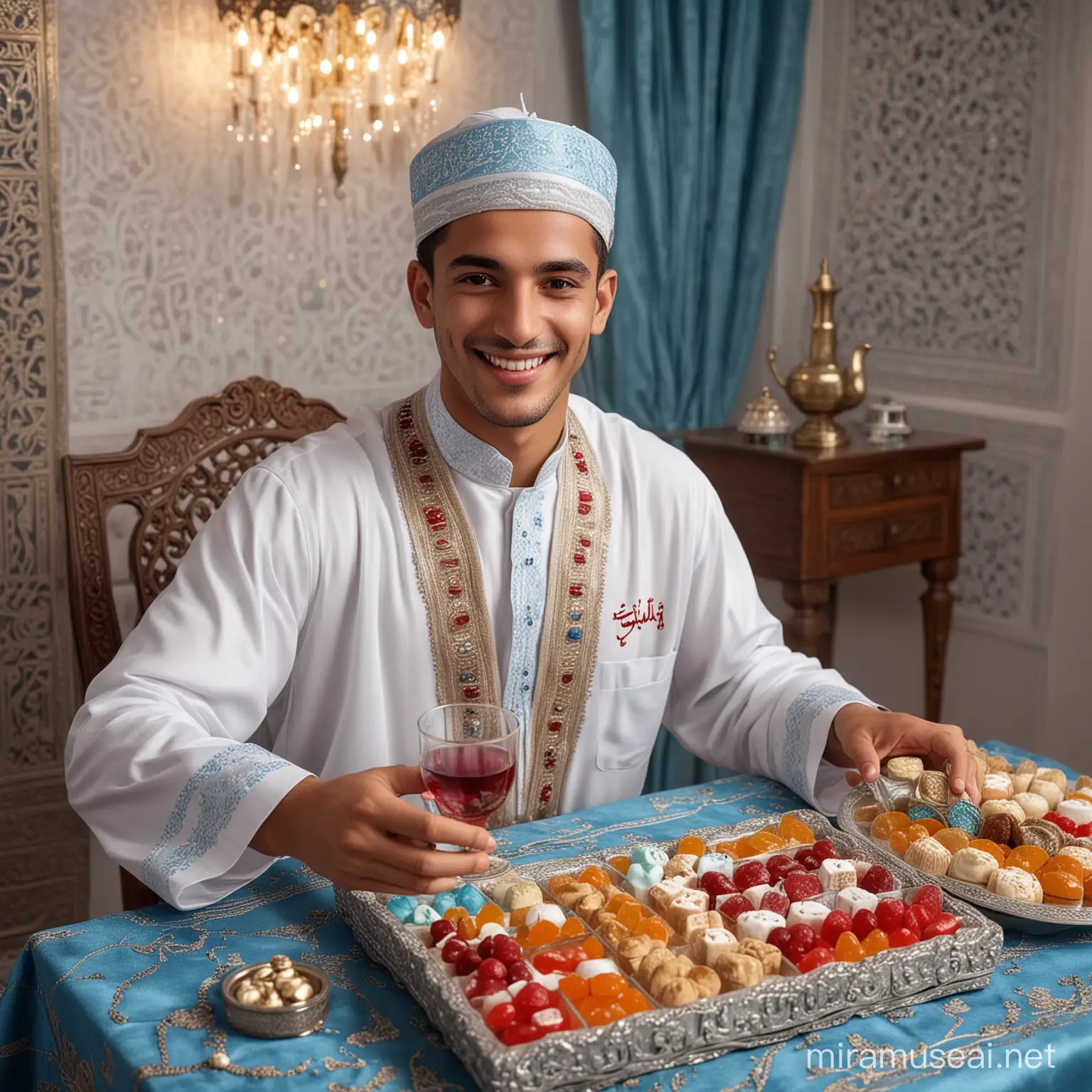 A real picture of a smiling, elegant Moroccan young man celebrating Eid al-Fitr. In front of him is a table with a variety of sweets and tea. He is wearing a half-white and half-BLUE robe. Behind him is the name “Karim” written in red crystal, and in his hands is the phrase “Eid mubarak.” A high-quality, realistic picture.hd, 4k
