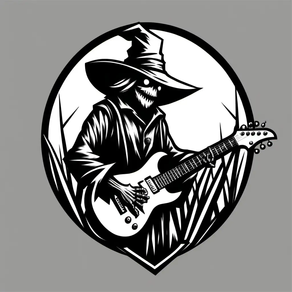 scarecrow with electric guitar black and white vector logo