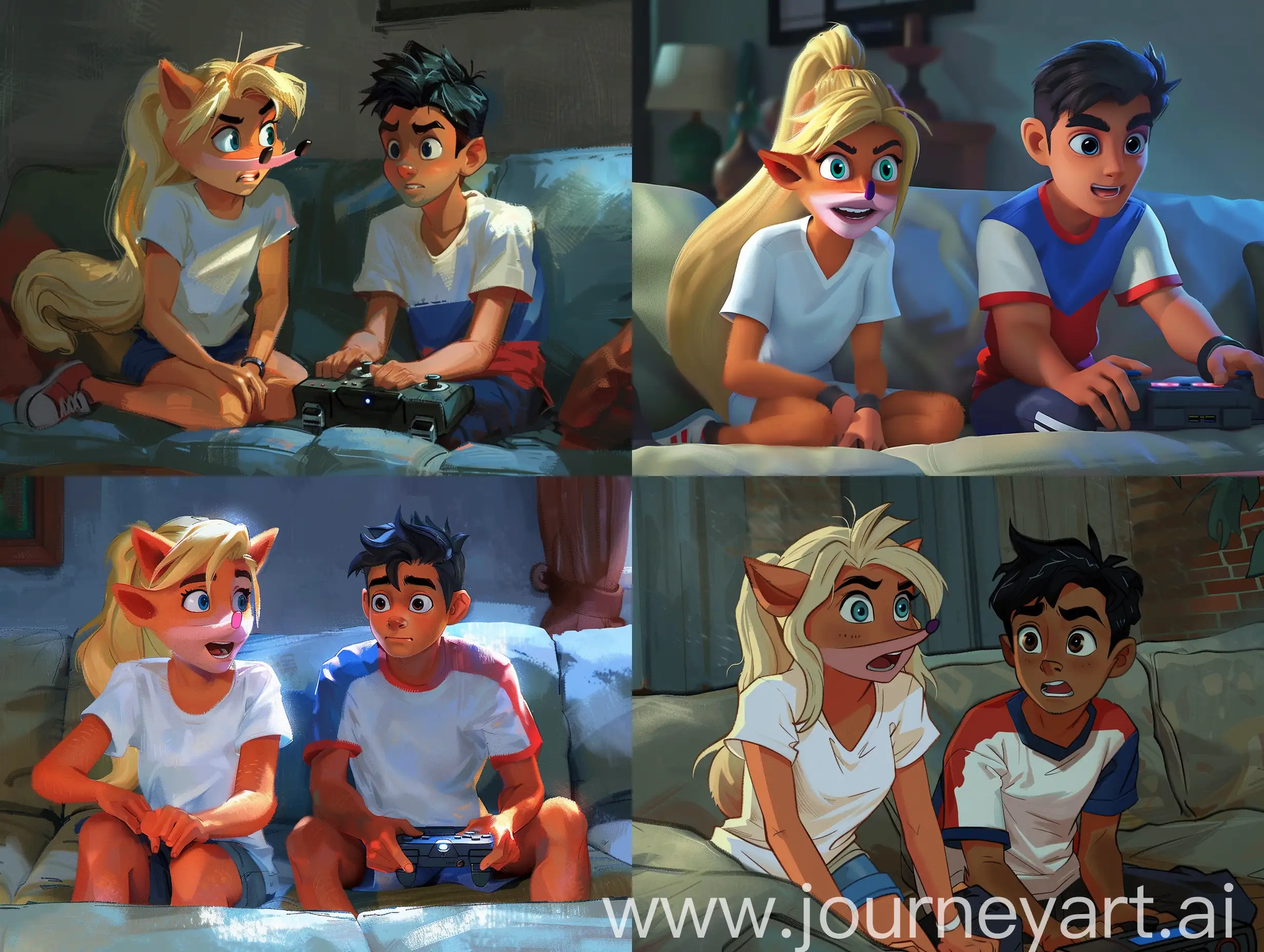 Blonde-Coco-Bandicoot-and-DarkHaired-Young-Bandicoot-Gaming-Duo-on-Couch