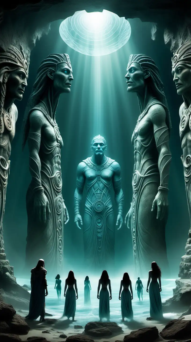 "In the midst of awe, the team is greeted by spectral figures of ancient Atlanteans, who appear to share their wisdom. The tension shifts from fear to curiosity as the researchers engage in a transcendent exchange of knowledge."