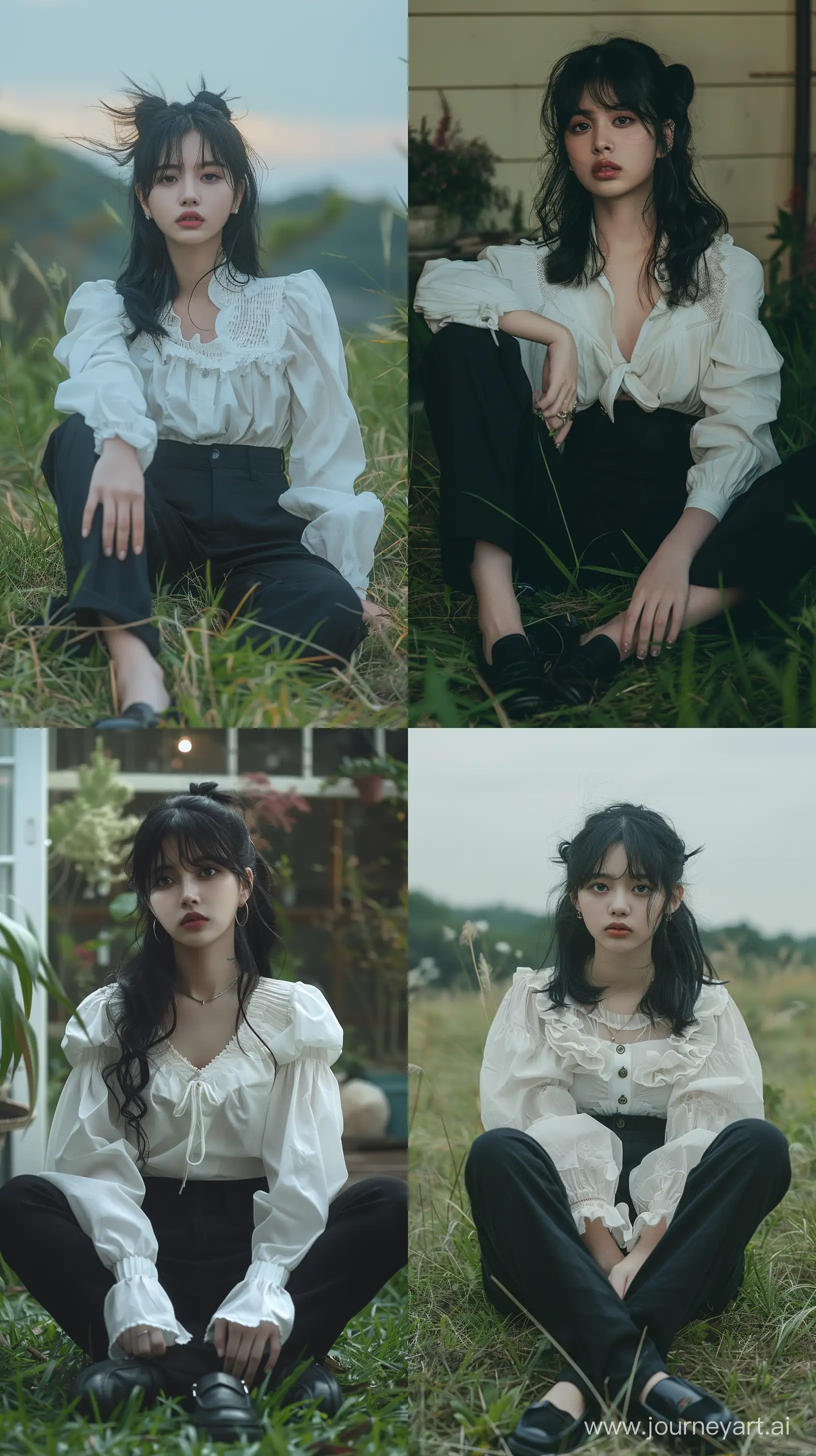 High resolution fashion photo of beautiful indonesian girl full body shot, wearing black pants and white oversize blouse with black loafer shoes sit on grass,nature studio set,no accssesories no make up, pigtail black hair,minimalism,in the style of blackpink's jennie, bared face,mysterious nocturnal scenes,fuji film, album covers, flickr --ar 9:16 --style raw --stylize 250 --v 6