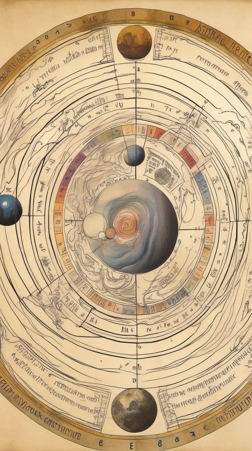 astrological wheel, ,, loose lines, muted colors,  , mercury, moon, planets, Astrogical wheel with air elements, draw a tornado in the middle the wheel,,