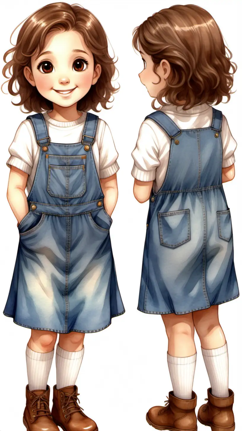 Do a character sheet of  character, back side, she is a 6 year old girl with brown eyes, with medium length wavy hair, brown eyes, exited and happy face, she is wearing a denim dress overall  and a white sweater with brown boots, white socks, she is caring a brown plain fabric backpack, brown backpack . Use watercolor style design, she is sitting down, back side