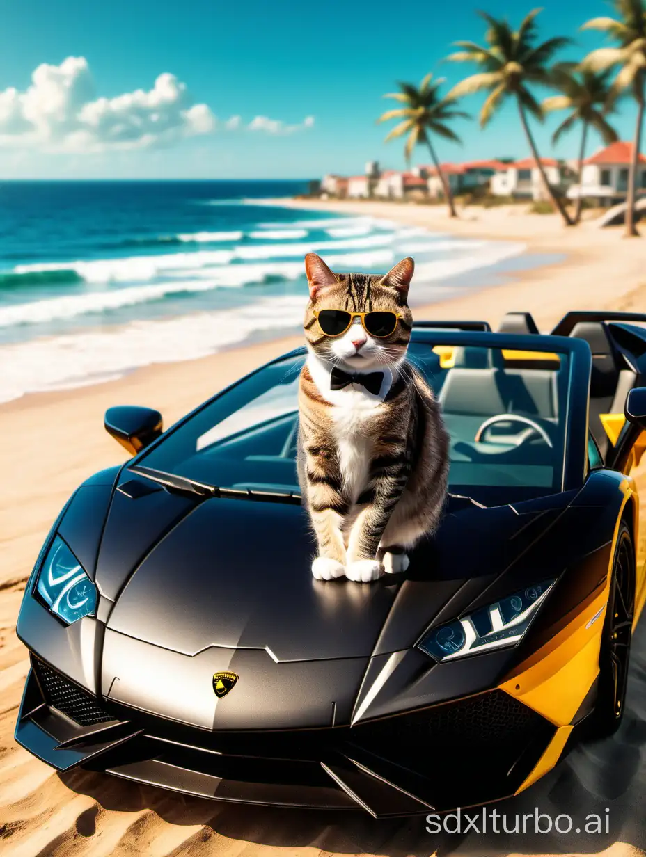 a cat with moustache driving a lamborgini next up to the beach
