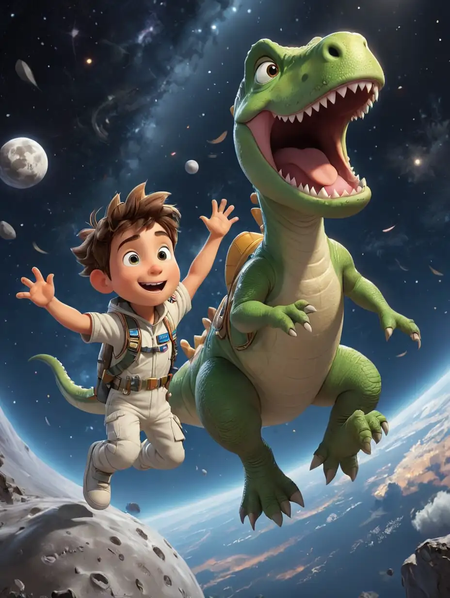Zero Gravity Fun Tommy and Dinosaur Playing Catch with Stars