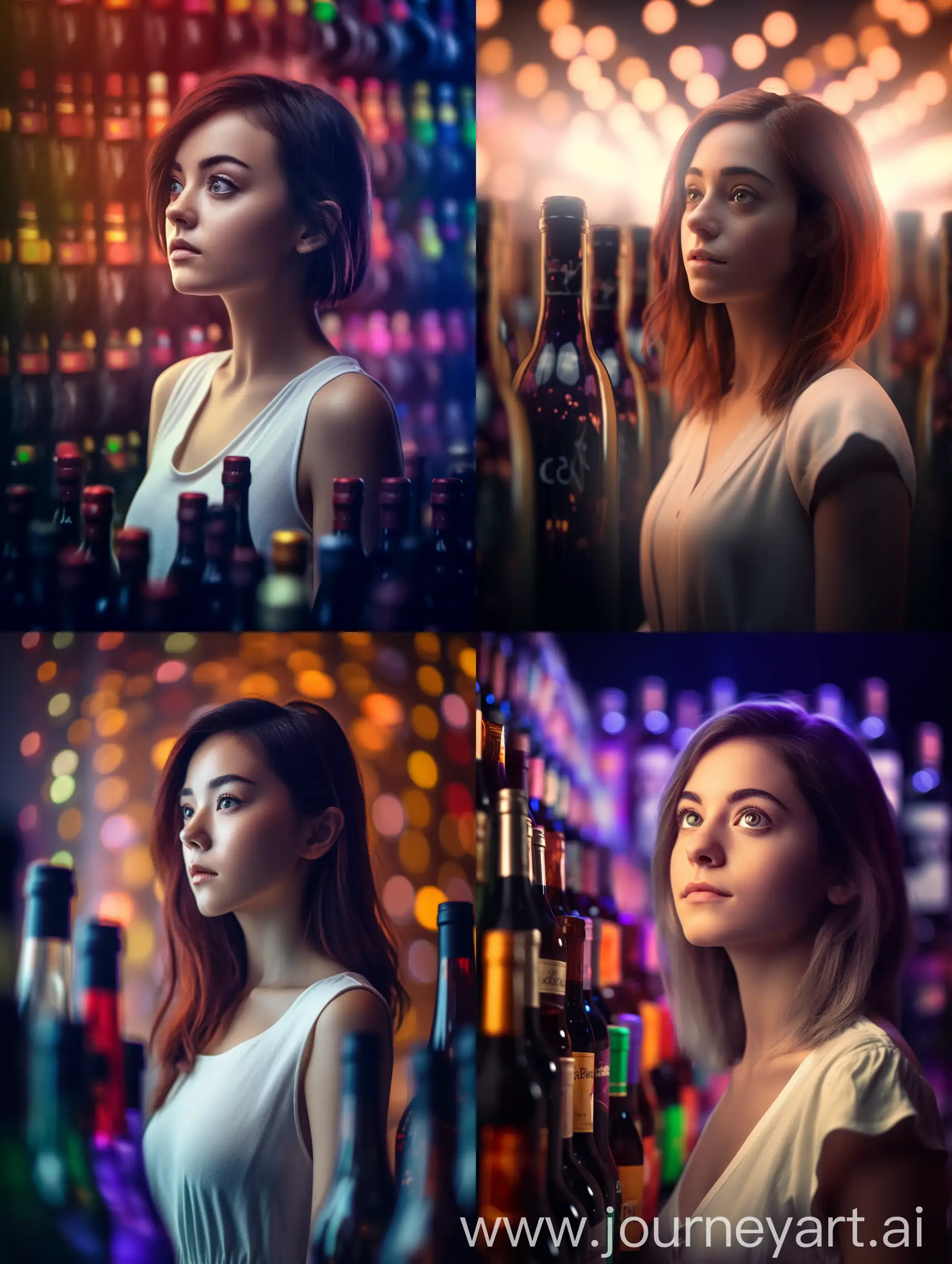 portrait photography from Disney Pixar Studios, a beautiful girl, black eyes, round face, gradient hair color, white dress, looking at the audience, wine bottles background, cinematic lighting, vivid color, dof, 4k, high quality --ar 3:4 --v 5