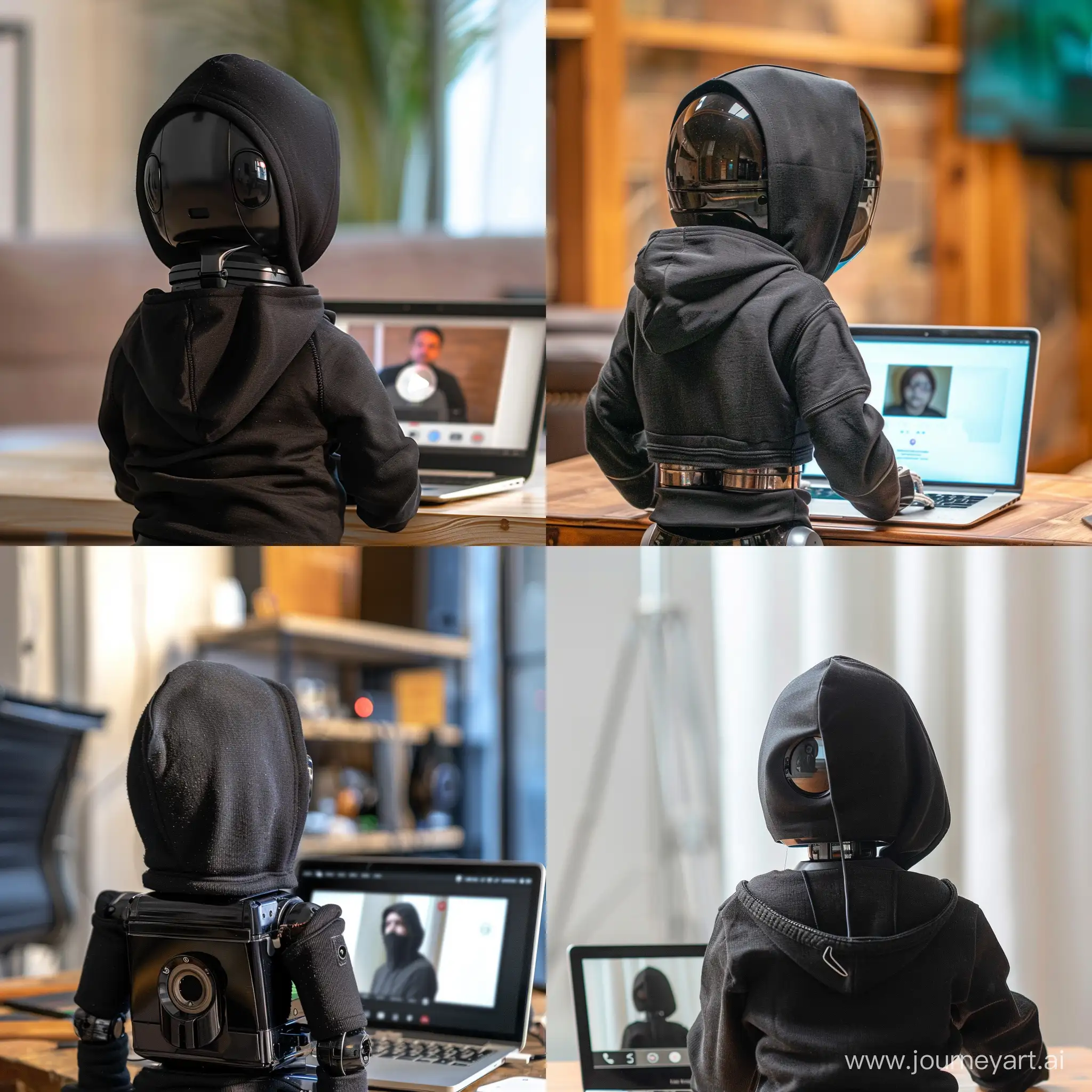 Виз сзади на маленький робота в черном худи и в капюшоне, который проводит видео-звонок по ноутбуку с клиентом. 